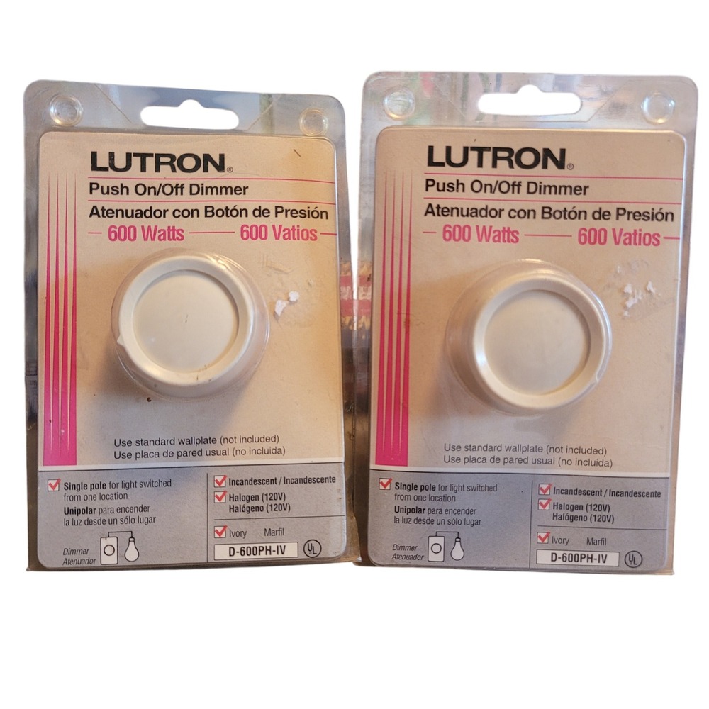 2 Lutron D-600PH-IV Ivory Push On/Off Dimmer 600 Watts Single‎ Pole New Vintage